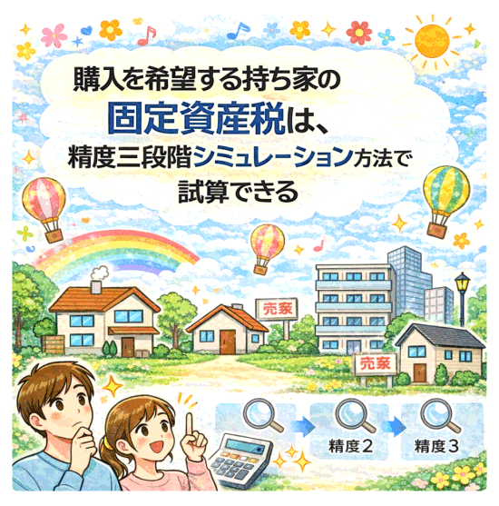  購入を希望する持ち家の固定資産税は、精度三段階シミュレーション方法で試算できる