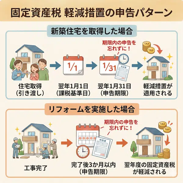固定資産税の軽減措置の申告期限タイムライン｜新築住宅は取得翌年の1月31日まで・リフォームは工事完了後3か月以内