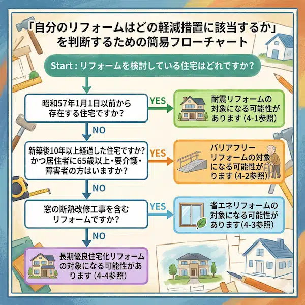 固定資産税の軽減が受けられるリフォームの種類を判断するフローチャート｜耐震・バリアフリー・省エネ・長期優良住宅化リフォームの4種類