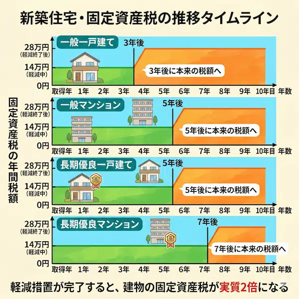 新築住宅の種類別の固定資産税の推移イメージ｜一戸建て3年・マンション5年・長期優良住宅5～7年で軽減期間が終了し本来の税額に戻る