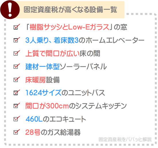 固定資産税が高くなる設備には、「樹脂サッシとLow-Eガラス」で構成された窓、3人乗りで着床数が3のホームエレベーターなどが挙げられる