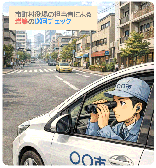 市町村役場は定期的に市町村内を担当者に巡回させ、新築や増築がないかチェックしている